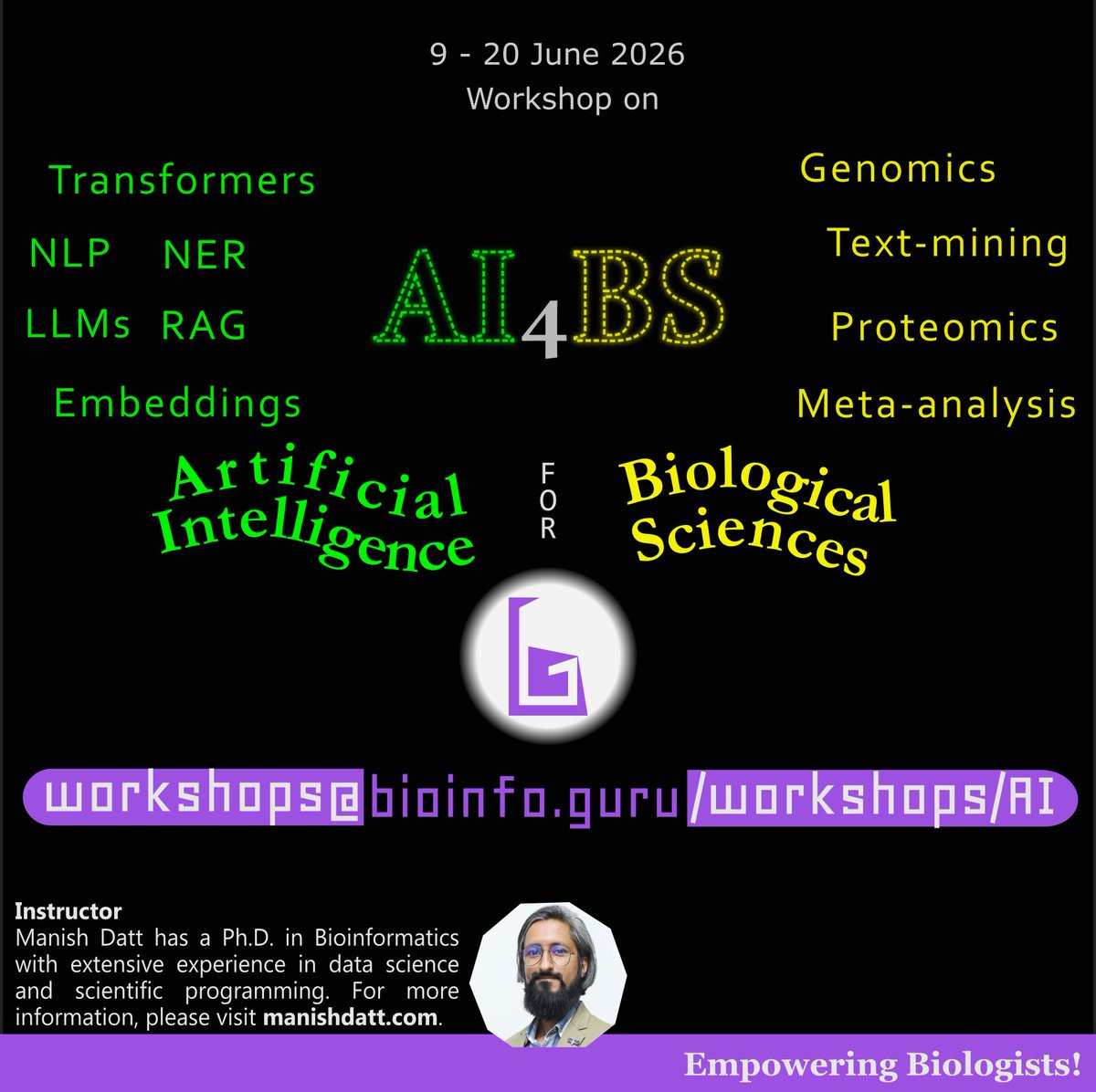 bioinfo_guru's tweet photo. Two weeks workshop on ๐๐๐ฐ๐๐ฆ - ๐๐ฟ๐๐ถ๐ณ๐ถ๐ฐ๐ถ๐ฎ๐น ๐๐ป๐๐ฒ๐น๐น๐ถ๐ด๐ฒ๐ป๐ฐ๐ฒ ๐ณ๐ผ๐ฟ ๐๐ถ๐ผ๐น๐ผ๐ด๐ถ๐ฐ๐ฎ๐น ๐ฆ๐ฐ๐ถ๐ฒ๐ป๐ฐ๐ฒ๐ from 9-20 June 2026.
https://t.co/YissiSNxjW
#Bioinformatics #LifeSciences #DataScience #AI #LLMs #textmining #STEM #Workshop #UpSkillย
#bioinfoGuru https://t.co/uYsMe86NF4