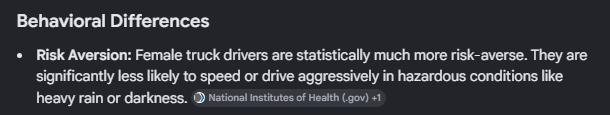 UKNuclear_Power's tweet photo. @criticalhitsTV If I search by general collisions I get similar results.

If you have any stats on taxi drivers and truck drivers that differ from the ones I can find then please share them.

Data on Truck Driving in Australia found women to be much more risk-averse for example. https://t.co/wl2JYGixon