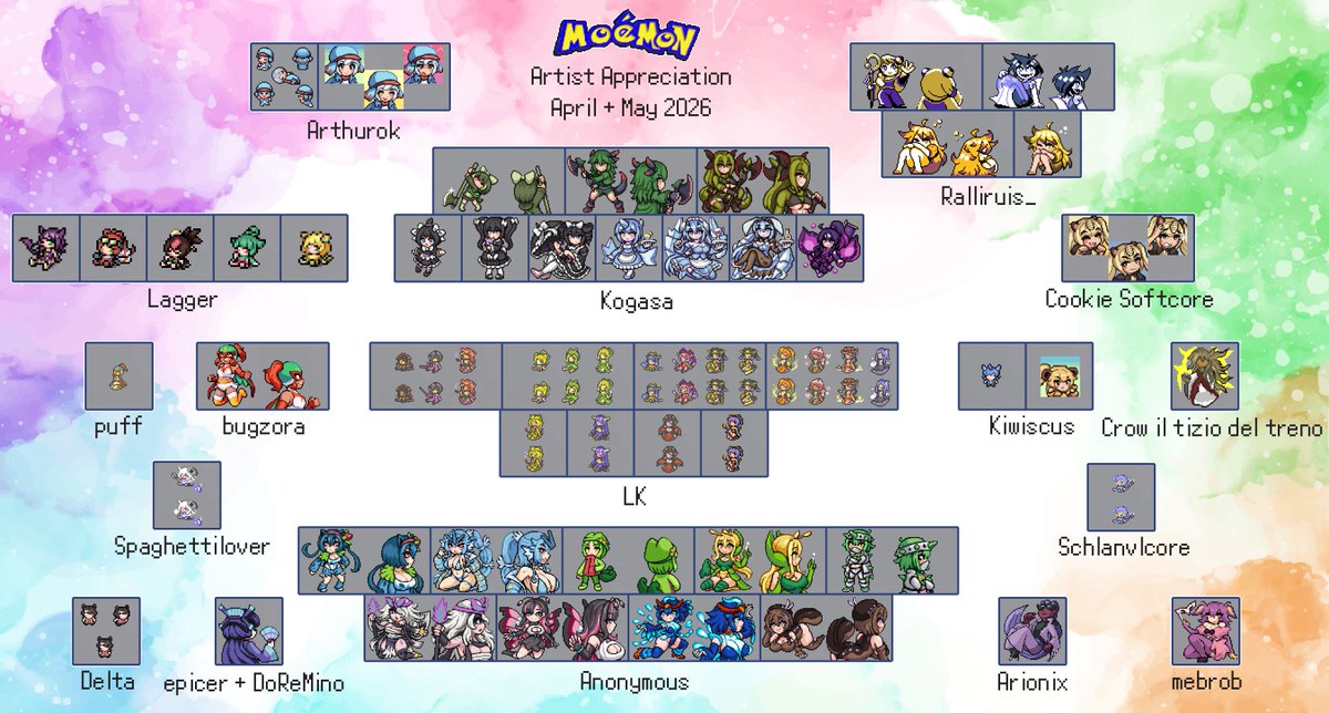 MoemonProject's tweet photo. Hello Twitter! 💚  

 It's time for April + May's Artist Appreciation! (I totally didn't forget in April...)

Take your time to check out the hard work all the artists have put into their art!  

For specifics, see the Discord announcement about it!   https://t.co/n854YgQ26U https://t.co/UOKNjNcdj1