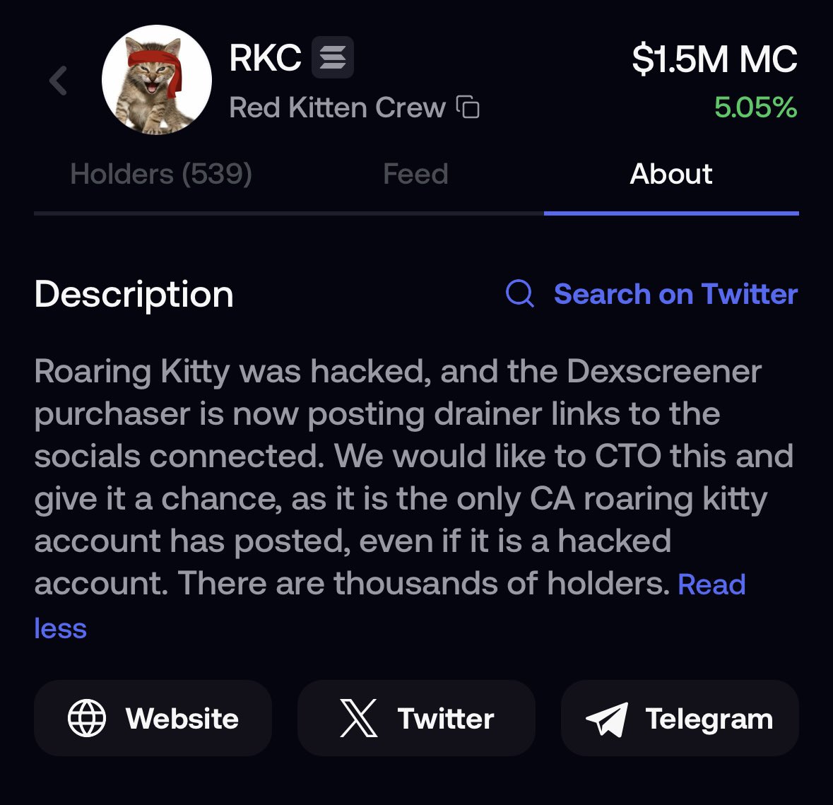 grimyfrankie's tweet photo. .@fomo can you please refresh metadata on this dex description and x link for $RKC? 2 weeks after its been updated on dex the old one still shows on fomo and leads people to a scam x account and the old description https://t.co/bqmC9Kh77O
