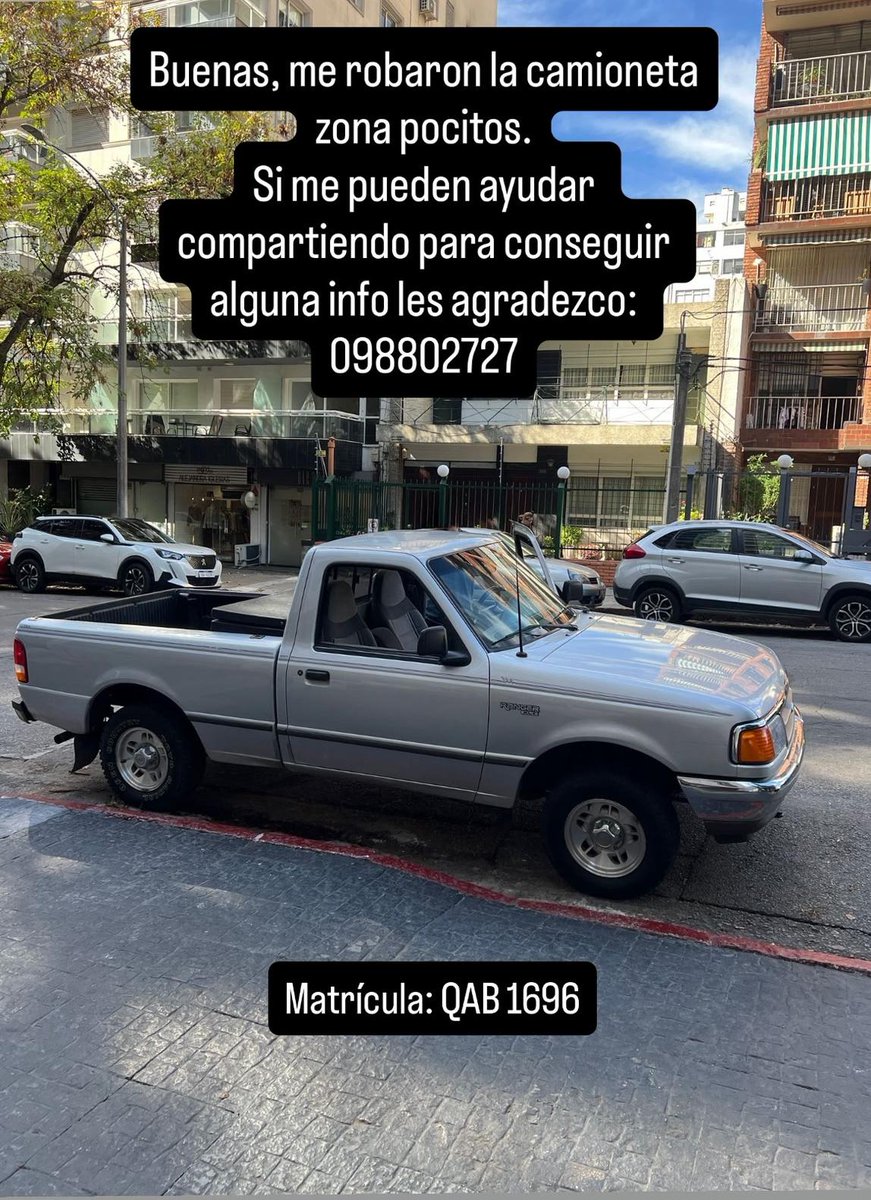 Facu_________3's tweet photo. 🚨 ROBADA EN POCITOS 🚨
Buscamos esta camioneta. Matrícula QAB 1696.
Cualquier dato, por mínimo que parezca, puede ayudar.
📞 098 802 727
Se agradece muchísimo cualquier RT para difundir. https://t.co/15kt6pQjet
