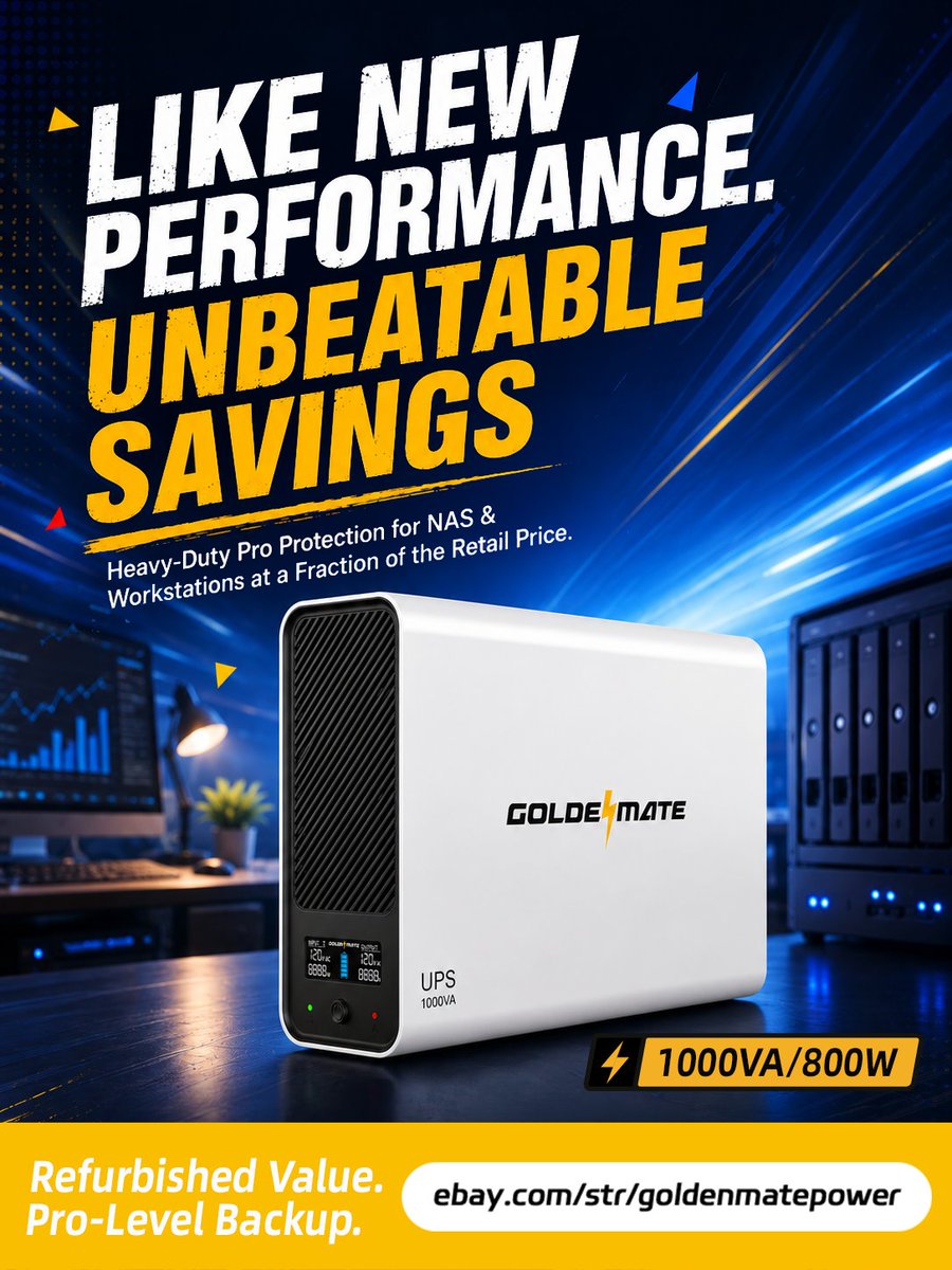 goldenmatepower's tweet photo. Why pay full retail when you can get like-new performance for less? ⚡

Protect your NAS, workstation, home office, and valuable data with the Goldenmate 1000VA / 800W LiFePO4 UPS — built for reliable backup power when it matters most. https://t.co/u7An3VNPog