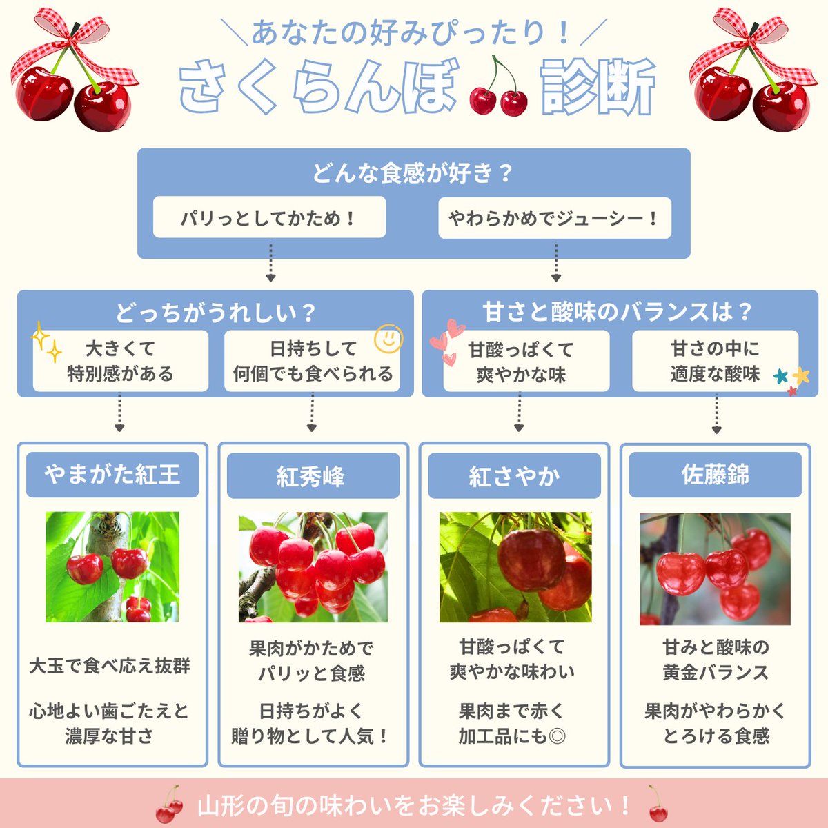jagroupyamagata's tweet photo. ˗ˏˋ 🍒6月6日は山形さくらんぼの日🍒 ˎˊ˗
山形県は、全国のさくらんぼ生産量の約7割を占める日本一の名産地✨
そんな山形のさくらんぼですが、様々な品種があることを知っていますか？
さくらんぼ診断を使ってあなた好みのさくらんぼの品種を見つけてみて🎶
ぜひコメントでみなさんのお気に入りの品種を教えてください📝