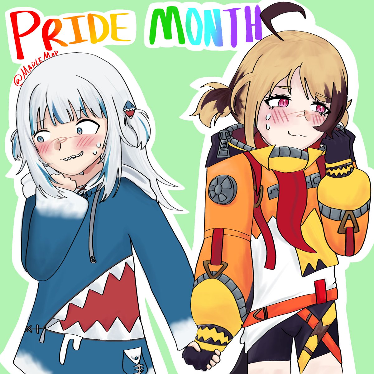 MapleMap0's tweet photo. Hey hey!! H-hand holding- ?!?! Woah….. now that’s quite extreme……… Happy pride month! 4/30 days

#Gawrt #rkggk https://t.co/aNKzaiVX94