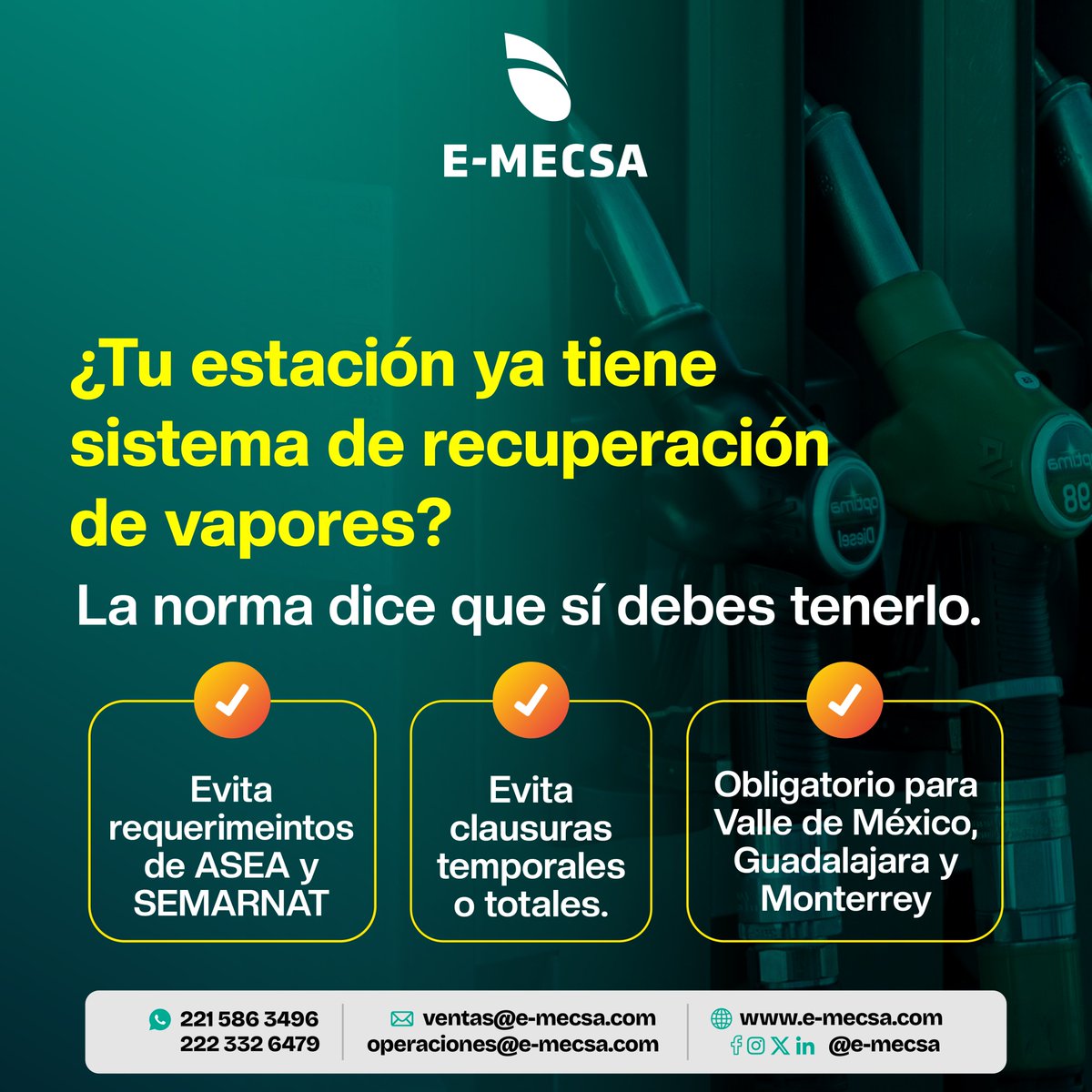e_mecsa's tweet photo. ¿Tu estación tiene sistema de recuperación de vapores Etapa I y II?
La norma dice que es obligatorio en zonas metropolitanas.

En E-MECSA evaluamos tu sistema, documentamos su estado y te ayudamos a regularizarlo.
¿Quieres una evaluación? Escríbenos.

#RecuperacionDeVapores https://t.co/fkNMjXsrUz