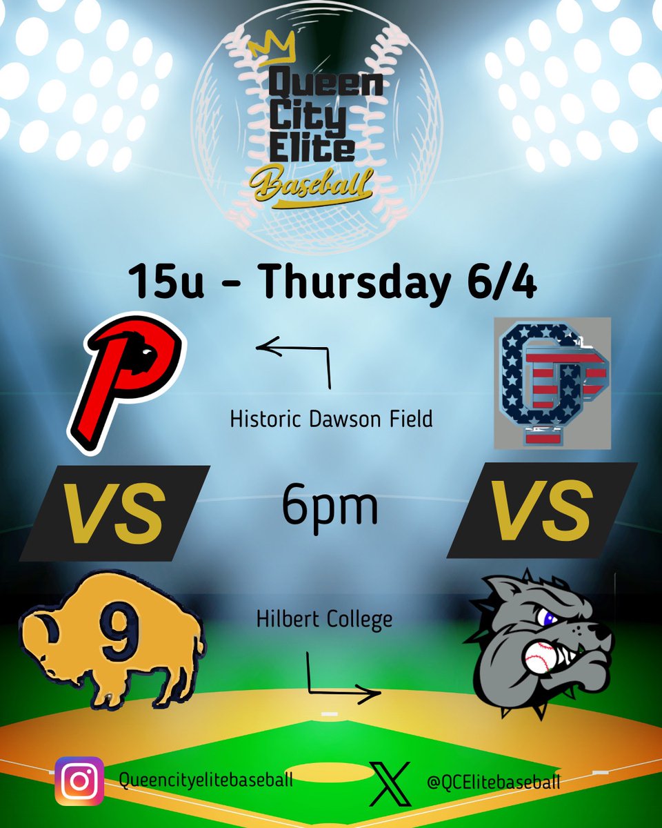 QCEliteBaseball's tweet photo. 15U Tournament play begins today with a pair of contests. 

Central Division 
6PM @ Historic Dawson Field

East Coast Pipeline 15U vs Nickel City Nine 15U

South Division 
6PM @ Hilbert College

Orchard Park Bombers 15U vs Hamburg Dawgs 15U

#CrownTheChamps👑 https://t.co/GvIXYaS93w