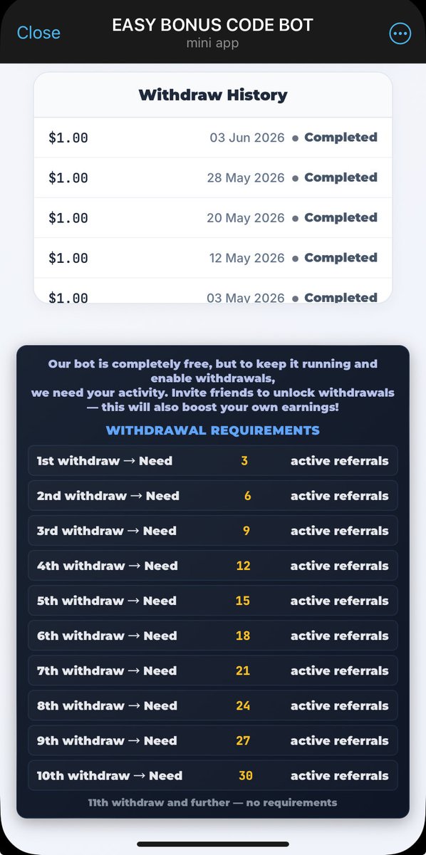 playing_web3's tweet photo. 🪙 Easy Bonus Code 📝

🪙  Another withdrawal of 1 $USDT successfully received ✅

Free passive mining, but inviting friends is required for withdrawals, be advised 🙏🏻

Full TG post: https://t.co/QJl5yBtNmr

Join app: https://t.co/NgfrTqYdi5

#withdrawal #free #mining #usdt https://t.co/6PIzrSxrE7