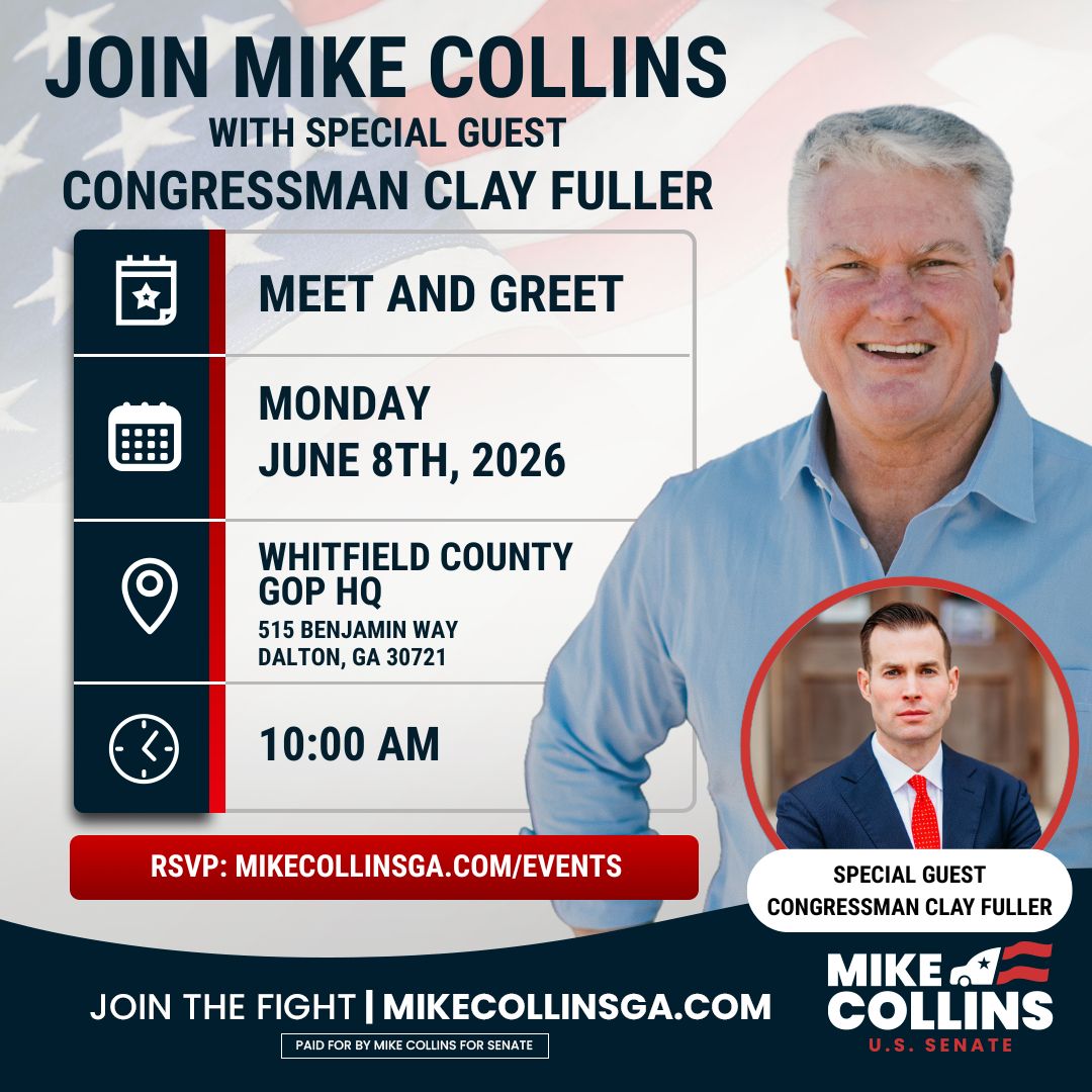 Clay4MainStreet's tweet photo. Mike Collins is an America first patriot and I’m proud to support him in his race for Senate.

Join us June 8th at the Whitfield County GOP Headquarters and let’s send Ossoff packing in November! https://t.co/o2VWlxkaQy