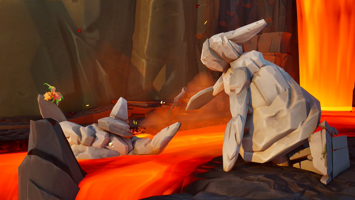 FortTracker's tweet photo. #Fortnite OG Rock Family Tracking:

Stage: 7
Location: South of Volcano
Date: June 4th 2:00pm ET

The Rock People continue their journey around the volcano. He has fallen into the lava river when crossing and is being helped out, still holding the flower. https://t.co/oRNTlx0chA