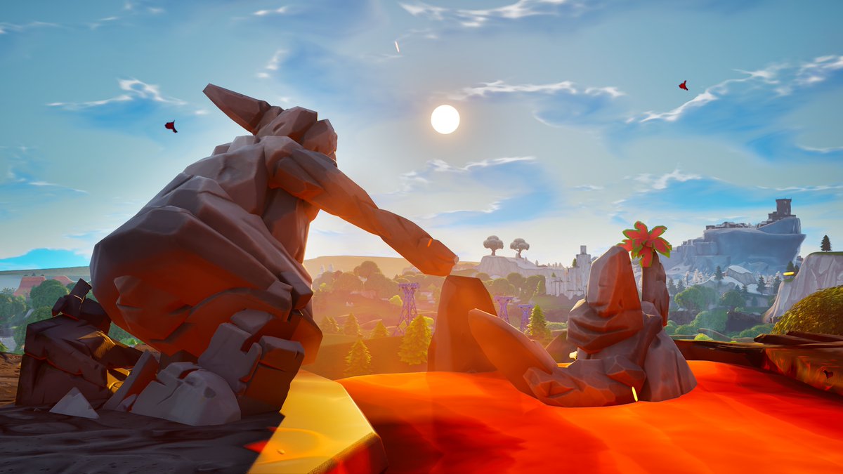 FortTracker's tweet photo. #Fortnite OG Rock Family Tracking:

Stage: 7
Location: South of Volcano
Date: June 4th 2:00pm ET

The Rock People continue their journey around the volcano. He has fallen into the lava river when crossing and is being helped out, still holding the flower. https://t.co/oRNTlx0chA
