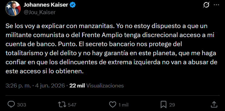 Croquevielle's tweet photo. Johannes Kaiser es un cobarde. Mucho bla bla bla pero le tiene miedo a enemigos imaginarios, por eso su partido no apoyó el levantamiento del secreto bancario

(pantallazo por que el chancho me tiene bloqueado) https://t.co/UlVQBAgvjw