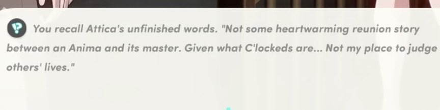 HonkaiNAlore's tweet photo. In Attica’s quest, you investigate the disappearance of a clock, which we later find out was a C’locked who finally found its master. However, as Attica predicted, the reunion was not a happy one for the master. https://t.co/AT00ovQC5u