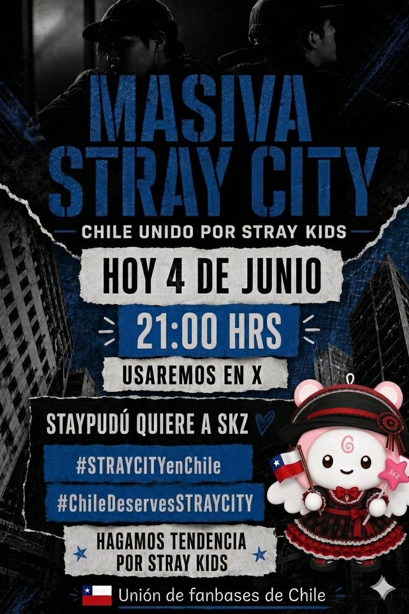 STAY__CHILE's tweet photo. NUEVO DIA, NUEVA MASIVA✨

📅 4 de Junio
⏰ 21 horas
⚠️ Usa los tags a la hora indicada
@ Menciona solo a una cuenta en cada post (Dgmedios, LiveNation, Jype)
🚨 Interactúa con lxs STAY que están usando los tags

STAYPUDÚ QUIERE A SKZ
#.STRAYCITYenChile
#.ChileDeservesSTRAYCITY https://t.co/PJgwVCCcLJ