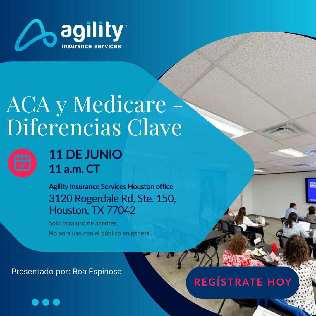 agilityfmo's tweet photo. Si vende planes de ACA o Medicare, este entrenamiento en Houston es para usted. La Directora de Ventas Roa Espinosa compartirá puntos clave sobre cumplimiento y diferencias entre planes.  Cupo limitado, regístrese hoy: https://t.co/HA1wStSzv8 https://t.co/rO6xRmusH7