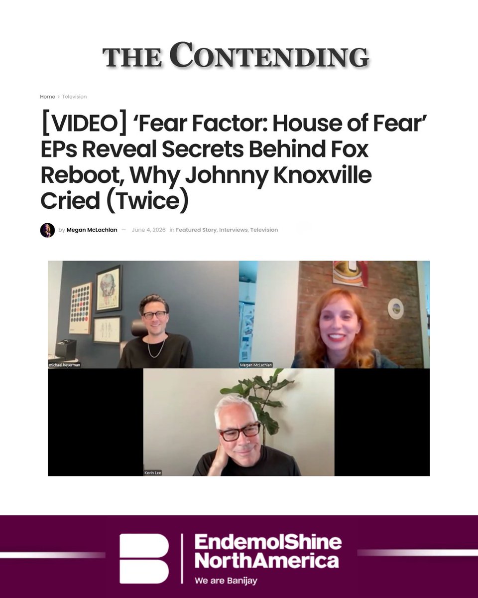 EndemolShineUS's tweet photo. Executive Producer Michael Heyerman and Showrunner Kevin Lee pull back the curtain with @TheContending, revealing why Johnny Knoxville got emotional on camera on @FearFactor : House of Fear  
Full interview : https://t.co/0LAM6Jvod5 https://t.co/NJo3cZI5a0