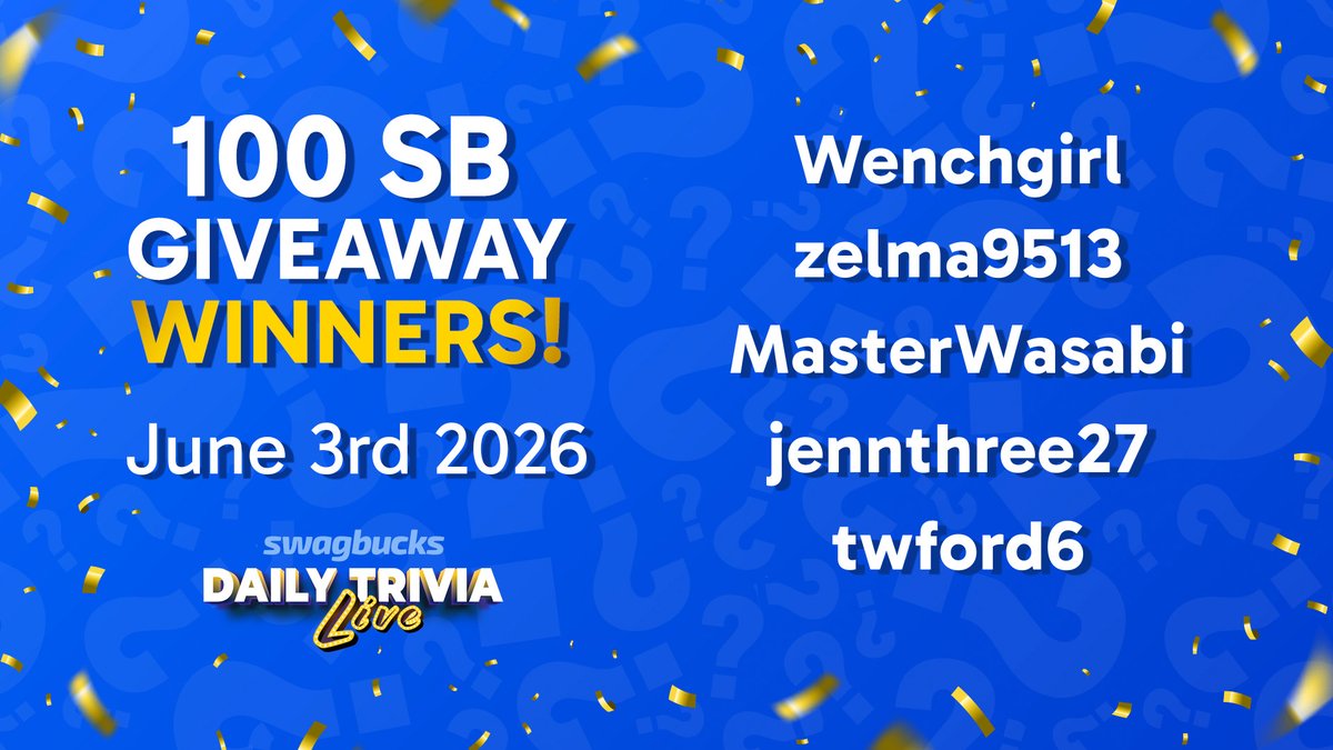 Swagbucks's tweet photo. Congratulations to Wednesday's giveaway winners!

A new drawing was just held - play Monday's LIVE game to find out who won! Maybe it was YOU...

Don't have the app? Get in the game at https://t.co/S7z9caOKdi https://t.co/T9PyFz6V5g