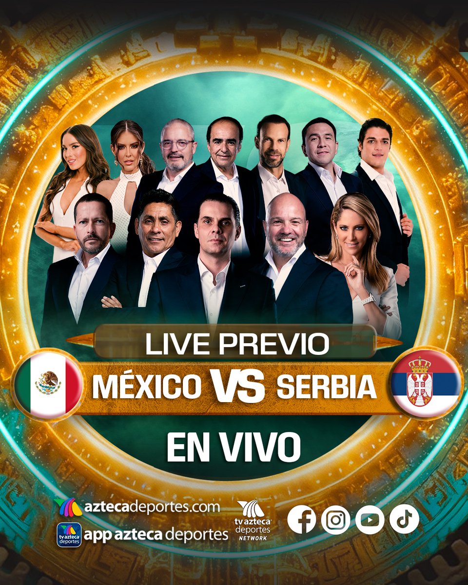 AztecaSiete's tweet photo. Estamos ¡COMPLETAMENTE EN VIVO! en el Live Previo "México 🆚 Servia".
.
Vamos juntos a apoyar a #MiSelecciónAzteca a través de la app oficial de TV Azteca y Azteca Deportes. 😎🌟⚽ Nos vemos a las 7:50 P.M., y pónganse la camiseta. 💯 https://t.co/j6ZulXD3hl