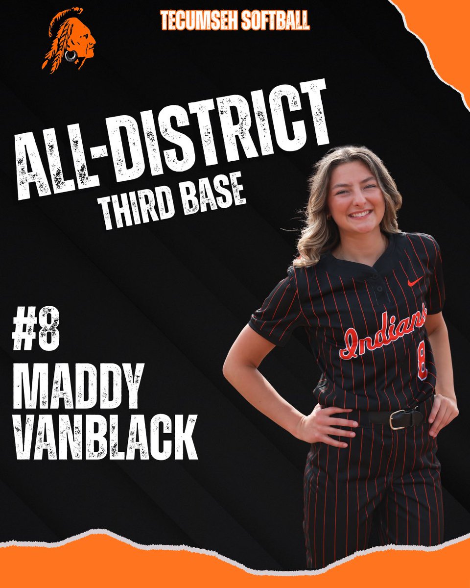 Tecumsehsball11's tweet photo. Congratulations to our All-District honorees! 🥎

⭐ Team Sportsmanship Award

⭐ All-District
Emma Eldred (OF)
Maddy VanBlack (3B)
Laura Nadeau (DP)
Kennadi Fulton (P)
Maya Juozapaitis (OF)
Kasey Ketola (2B) https://t.co/mmfot3ZseJ