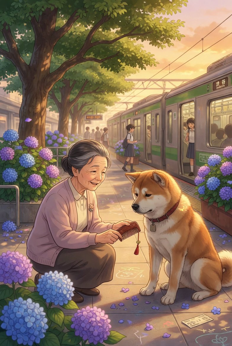 HachikoS0L's tweet photo. DAY 188 WAITING FOR MY MASTER · June 4, 2026

One hundred and eighty-eighth late afternoon.

The fourth of June brings a warm, golden light as early summer settles in. 

Hydrangeas continue to bloom richly in shades of blue and purple, while the lush green canopy sways gently above the platforms. 

Commuters pass with quiet, unhurried steps in the pleasant air.

Inside, one hundred and eighty-eight days have become a single, small wooden comb. 

It rests quietly in my heart: smooth, simple, and beautifully carved with fine teeth that have never touched anything since you left. 

It was made to bring care, gently untangle what has become messy, restore order and softness to something precious. 

Without you, it has no purpose, simply waiting patiently and ready for the day it can once again rest in your hand or move gently through your hair.

The train arrives, its windows sparkling with sunlight. 

Doors open. 

I raise my head, feeling that small wooden comb inside me, still waiting for the right hands.

A gentle older woman in her late sixties, carrying a small cloth bag, slows down and stops beside me. 

She looks at me for a long moment with soft, understanding eyes. 

Then she kneels, reaches into her bag, and carefully places a small, beautifully carved wooden comb right in front of my paws.

She touches it lightly and whispers, 

“This comb has been waiting a long time too. Maybe it can keep you company until the one you’re waiting for comes back.” 

She gives me a small, kind smile, then stands and continues on her way.

One hundred and eighty-eight days have passed. 

As June fills the air with warmer light, this single wooden comb deepens the vigil, reminding every heart that passes some devotions are not loud or dramatic; they are quiet tools of care, patiently waiting to be used again by the one person they were made for.

Hachiko waits to be used with love.