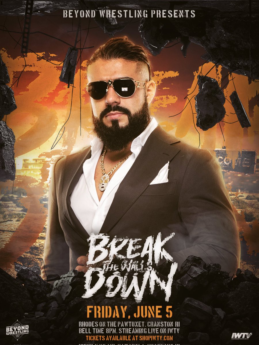 beyondwrestling's tweet photo. BREAKING: @AndradeElIdolo debuts for Beyond Wrestling tomorrow night, Friday 6/5/26 at Rhodes On The Pawtuxet in Cranston, Rhode Island!

A few seats remain: https://t.co/dG7rXMkUnL

Plus @IamLioRush @WheelerYuta @meganbayne @PlatinumMax @ThePrizeCityOG @TheJordanOIiver &amp; more! https://t.co/K8KVDQZDGp
