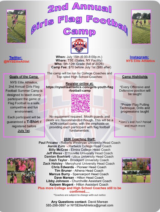 NYSEliteAthlet's tweet photo. Check out the Elite Coaching staff we will have running our 2nd Annual NYS Elite Girls Summer Flag 🏈 Camp. Don’t miss out, going to be 🔥!

SAVE $10 on Early Registration
⬇️⬇️⬇️

https://t.co/z5pkWdOyb6
 
🔥 #Football #YouthFootball @prospectnys @VarsityMedia @Coach_Kramer15 @SteveDAnna1 @SecVFootball @MrSection6 @sectionvflagfb @Sect4Football @wny_football @WNYAthletics @NYMadeFootball @nyshsfca @PrimetimeBall_ @WNYTomPrince @PickinSplinters @jjDandC @hssportstats @SecVAthletics  @TSEBuffalo @TotalSportsExp @VSEAthletics @wolf3328 @CSAPrepstarNY @section3footbal @AdamTerry_78 @FingerLakes1