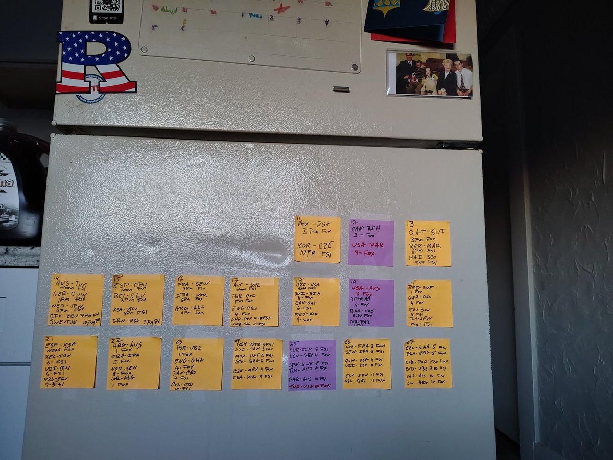 CCfromNJ's tweet photo. My refrigerator is ready for the group stage! The purple @Postit  are for @USMNT ! @FIFAWorldCup @2026__WORLDCUP https://t.co/nF8PeL8mxS