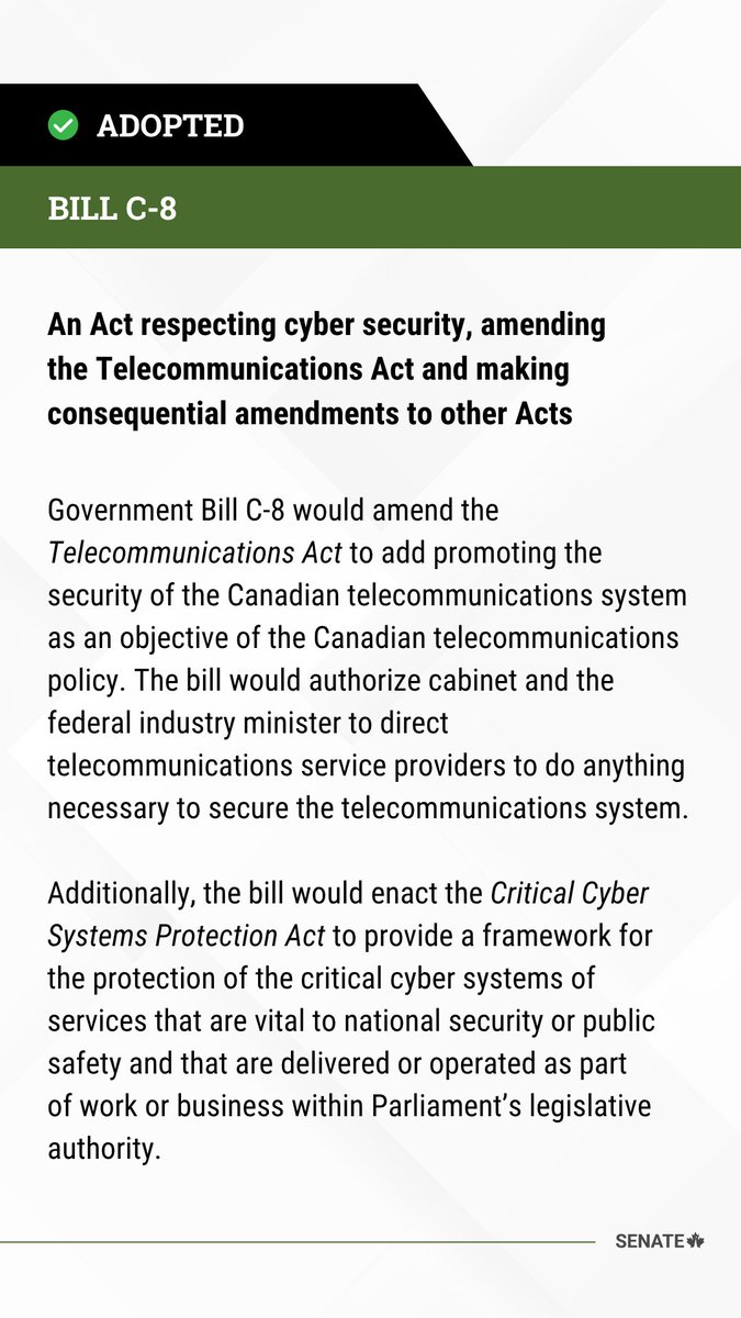 SenateCA's tweet photo. Bill #C8 has been adopted at third reading in the Senate: https://t.co/0ixaCzRei6
 
#SenCA #CdnPoli https://t.co/In3FlZlPOC