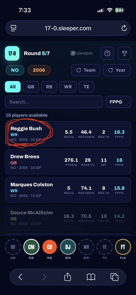tchrist21's tweet photo. @SleeperHQ you guys have Reggie Bush listed as a WR.  Oops https://t.co/kDIdORtmp7