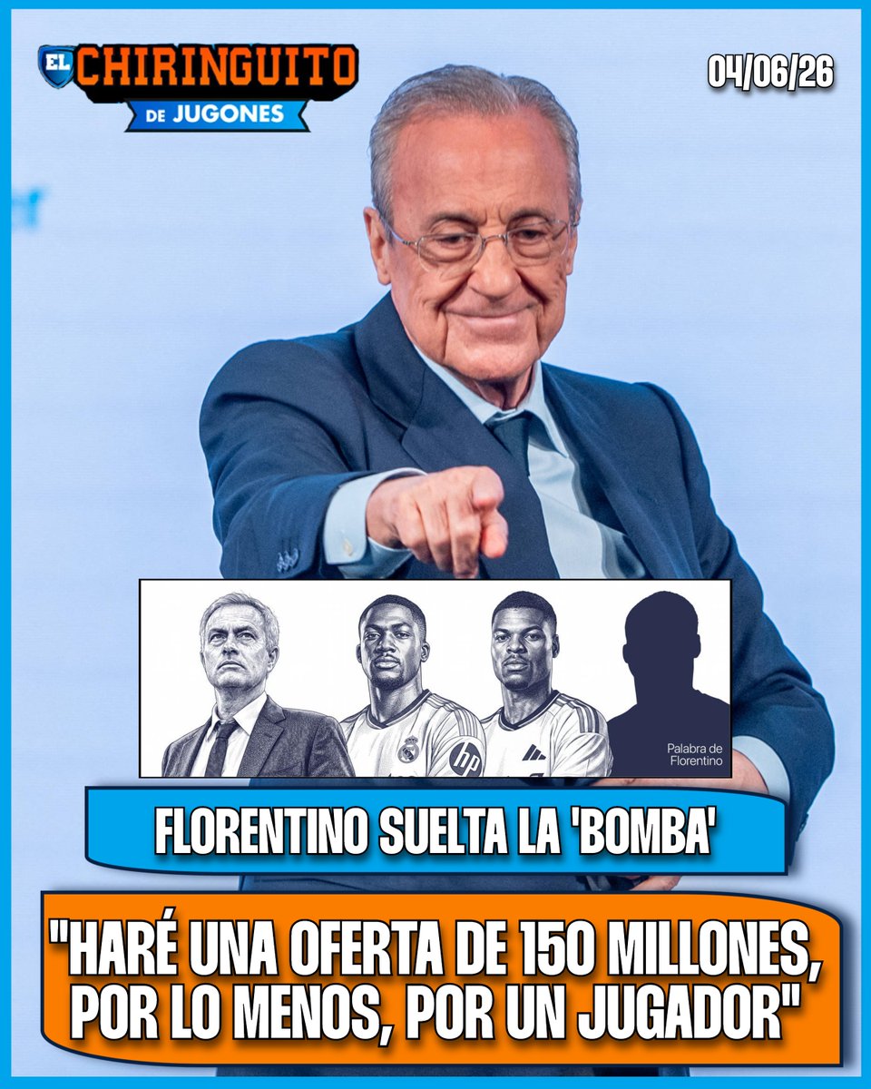 elchiringuitotv's tweet photo. 💣💰 "Haré una OFERTA DE 150M, por lo menos, POR UN JUGADOR".

🗞️ El bombazo de Florentino, en la portada de @elchiringuitotv.

La presenta @gorkagrn. https://t.co/cjomXRCKPe