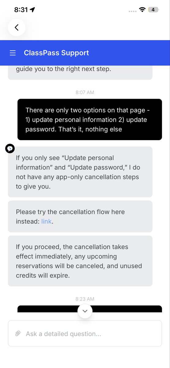 PerpetualWheel's tweet photo. @classpass - I need to cancel my subscription, and there is no way on your website or app to do so. 

The support bot keeps on routing to options that don’t work. I need to unsubscribe and stop being charged NOW. 
Waiting …. https://t.co/UG3VHS9OXY