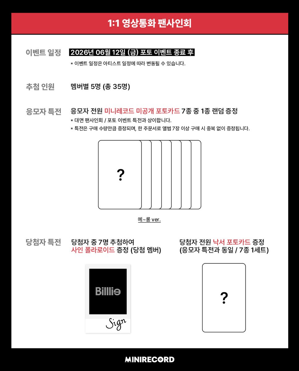 MINIRECORD_SHOP's tweet photo. [📢]
#Billlie #빌리 the 1st Full Album
[the collective soul and unconscious: chapter two] 
˖˚ ͙꒰ა 발매기념 FAN SIGN EVENT OPEN ໒꒱ ͙˚˖

📌일시: 6/12(금) 20:00~ (KST)
🗓️응모: ~6/7(일) 23:59까지 (KST) (결제완료기준)

🎁응모자 특전
대면 미공개 포토카드 (비눗방울 ver.) 7종 중 1종 랜덤
포토 미공개 포토카드 (케이크 먹을래! ver.) 7종 중 1종 랜덤
영통 스페셜 1:1 영통 미공개 포토카드 (메~롱 ver.) 7종 중 1종 랜덤

🍀당첨자 특전
대면 7명 추첨 사인 폴라로이드 증정
포토 7명 당첨자 전원 폴라로이드 촬영권 증정
스페셜 1:1 영통 7명 추첨 사인폴라로이드 증정 (당첨 멤버) / 당첨자 전원 낙서 포토카드 증정

[응모 바로가기]
대면 팬사인회🔗https://t.co/jQuwgOwig7
포토🔗https://t.co/Fwm47k9tQC
스페셜 1:1 영상통화 🔗https://t.co/BpYfvcW3M1 

#ZAP #Billlie_ZAP
#미니레코드
@Billlieofficial