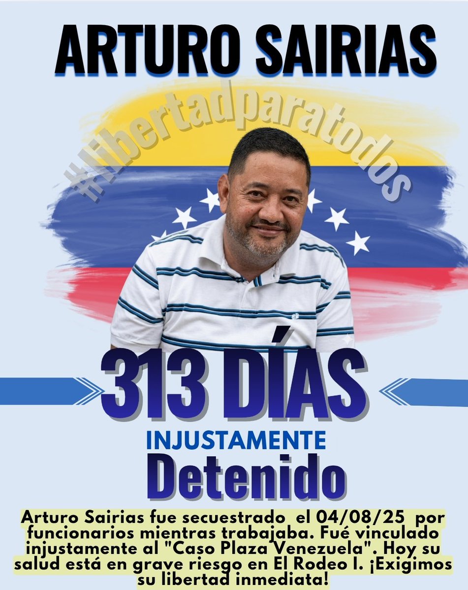marisaigo's tweet photo. 🚨 #URGENTE: HOY CUMPLE 10 MESES la injusta detención de mi hermano Arturo Sairias  en El Rodeo I. Detenido el 4/08/25 solo por TRABAJAR en el Terminal de La Bandera, hoy es víctima del falso "Caso Plaza Venezuela". ¡Su vida corre peligroi
​📸 Imágenes de @VPITV https://t.co/JgpaLH5eEJ