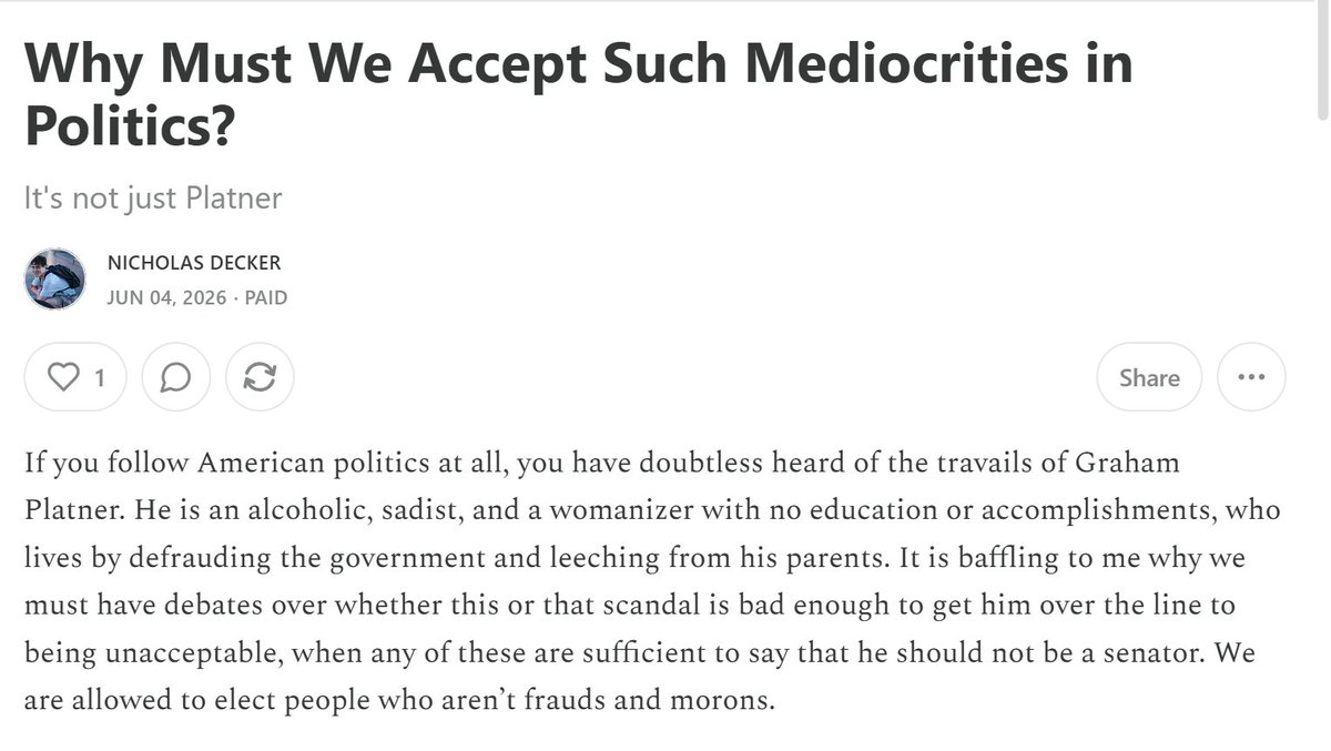 captgouda24's tweet photo. The debate over whether the new scandals are just enough to disqualify Platner strike me as a bit bizarre. *Any* of the scandals already were enough! Why do we have such low standards for politicians, especially when worse candidates cause worse outcomes? Read more below: https://t.co/zfuCBgHq7u