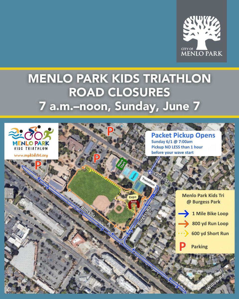 CityofMenloPark's tweet photo. Attention, #MenloPark! This Sunday, June 7, prepare for road closures from 7 a.m.–noon during the Menlo Park Kids Triathlon, which will take place from 8–11 a.m. https://t.co/0OzLDPuMDb