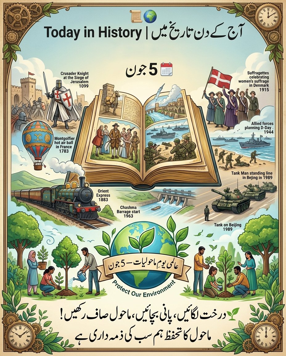 SajjadQuotes's tweet photo. 📜 5 جون | Today in History
1883: Orient Express کا پہلا سفر ⚔️1967: Six-Day War کا آغاز 🦠1981: AIDS کے پہلے کیسز رپورٹ

🌱 آج World Environment Day بھی ہے۔ درخت لگائیں، پانی بچائیں اور ماحول کا خیال رکھیں۔

#TodayInHistory #5June #WorldEnvironmentDay #STVQuotes https://t.co/v9x265h5xW