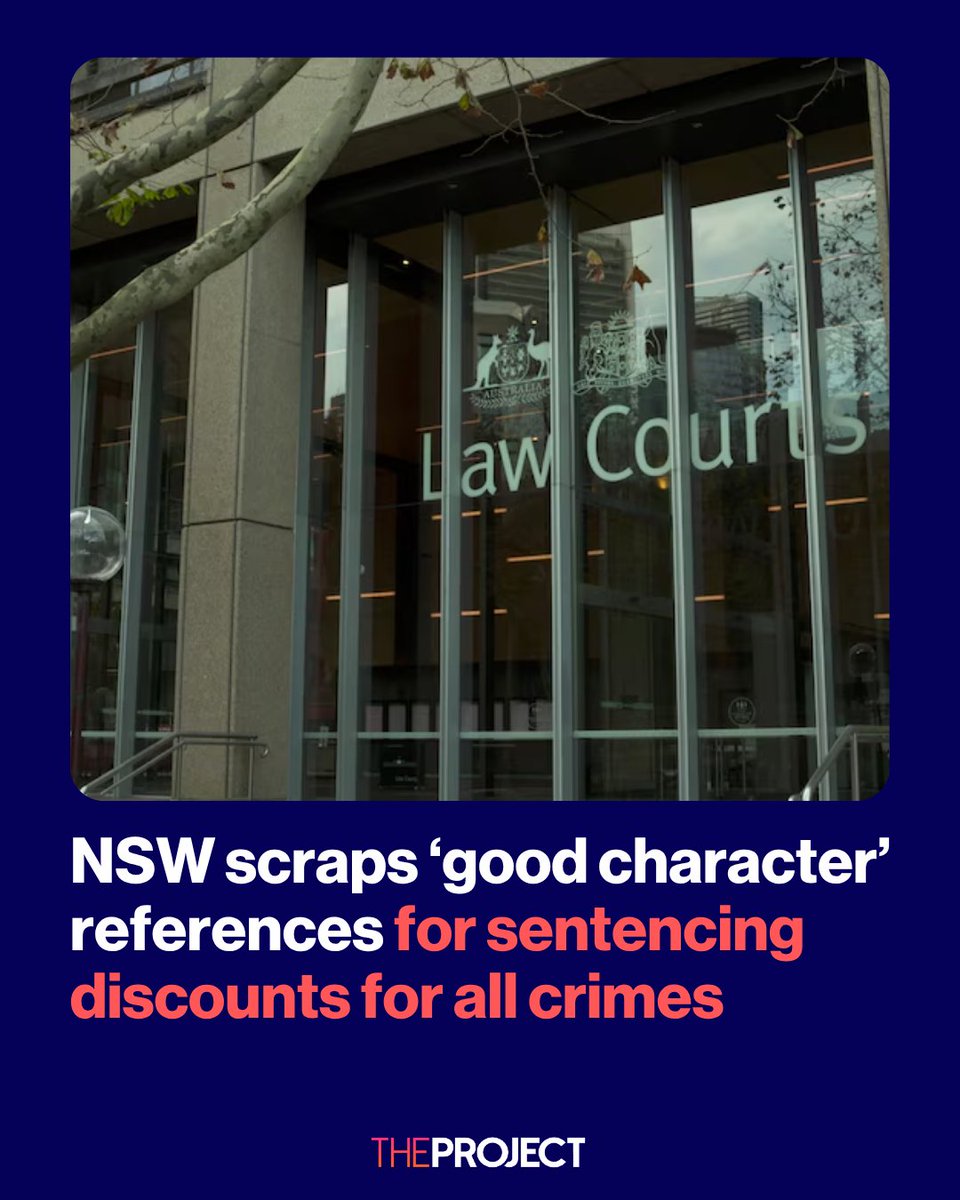 theprojecttv's tweet photo. NSW has passed major reforms stopping convicted offenders from using “good character” as a reason to reduce their sentence, extending the rule beyond sexual offences to all crimes including homicide, domestic violence and dangerous driving causing death. 

The government says the change will spare victim-survivors from having to hear offenders praised in court as otherwise “good” people.