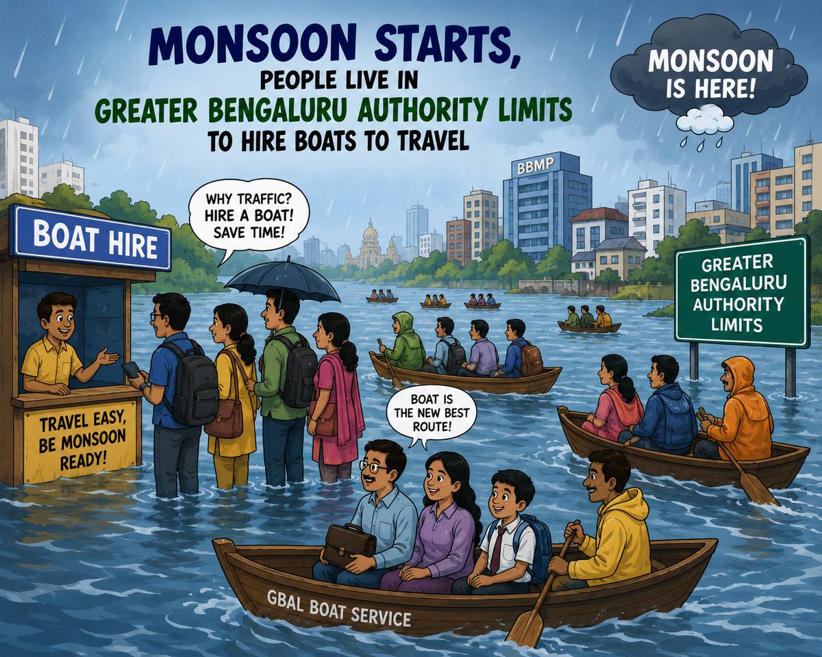 Attention_Blore's tweet photo. #Breaking News 🚨

#Bengaluru should soon bring in  new #transport mode as  #monsoon season starts — #BOATS! 🚣🌧️

#Roads? Optional. #Life #jackets? Recommended.
#BengaluruRains #UrbanPlanning #Monsoon
#BengaluruRains
#BengaluruRains #GBA #UrbanPlanning https://t.co/NCGjq0juZj