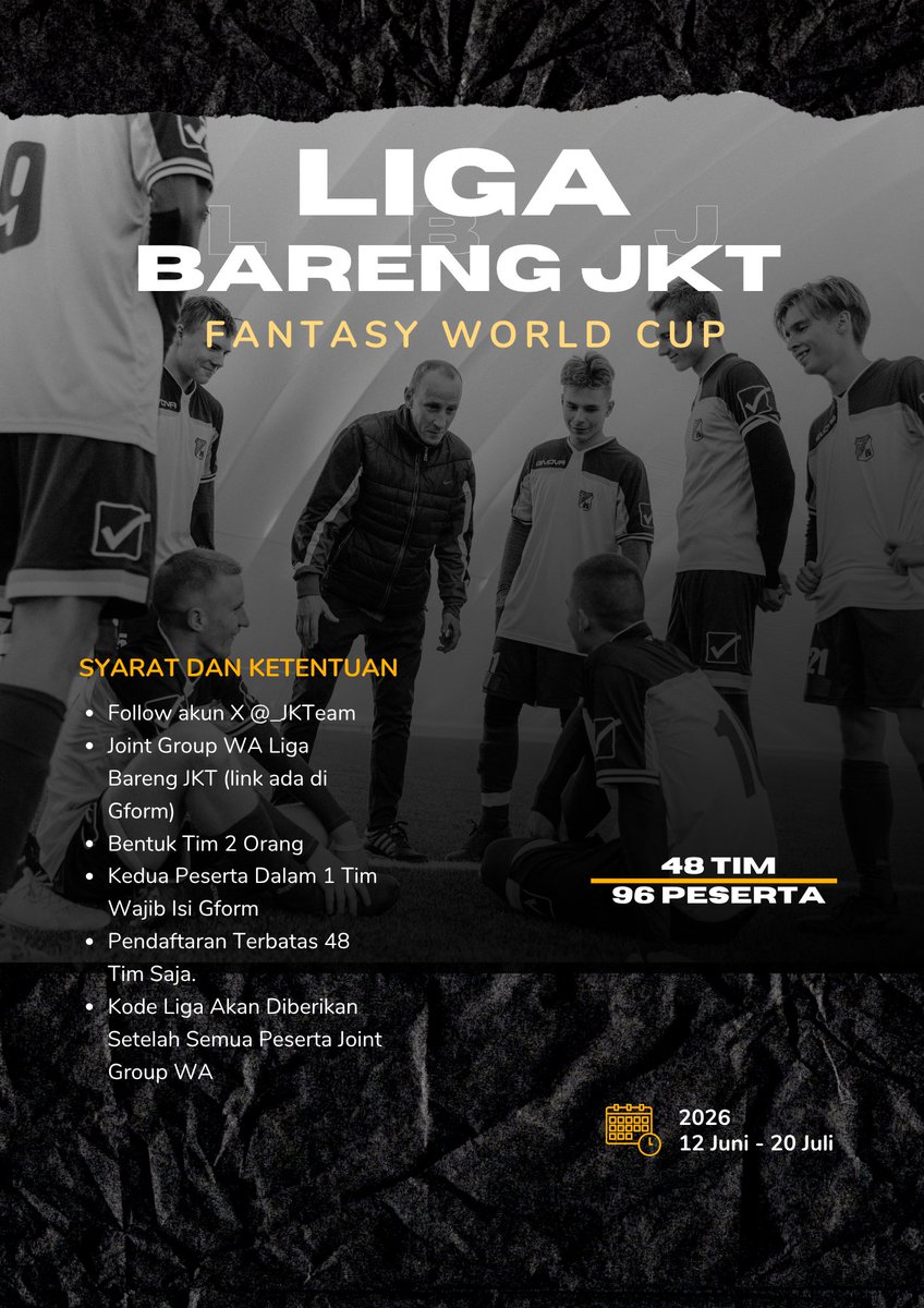 _JKTeam's tweet photo. 48 Tim
96 Peserta

Syarat cukup Follow @_JKTeam, Joint Group WA, &amp; isi Gform : https://t.co/ylEuE6xoYs

Mudah Kan 😊 https://t.co/FoFa363lmZ