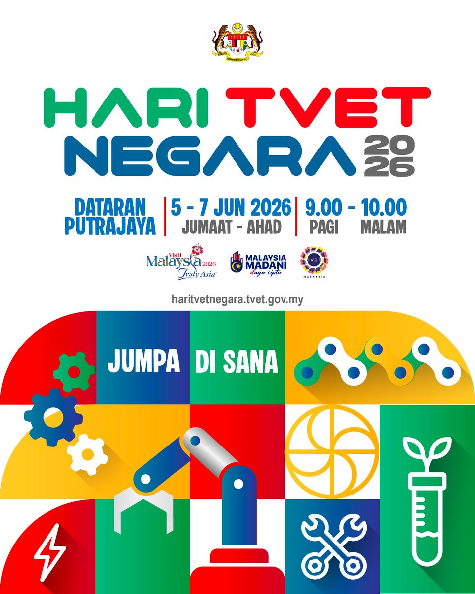 mykesuma's tweet photo. π Hari TVET Negara 2026 bermula hari ini!
π Dataran Putrajaya π
5β7 Jun 2026
Jom sertai Karnival Kerjaya TVET, temuduga terbuka, semakan resume, bimbingan kerjaya dan pelbagai peluang pekerjaan berkemahiran tinggi. Bawa resume terkini dan jumpa kami di HTN 2026! π
#HTN2026 https://t.co/HefDpWFJvj