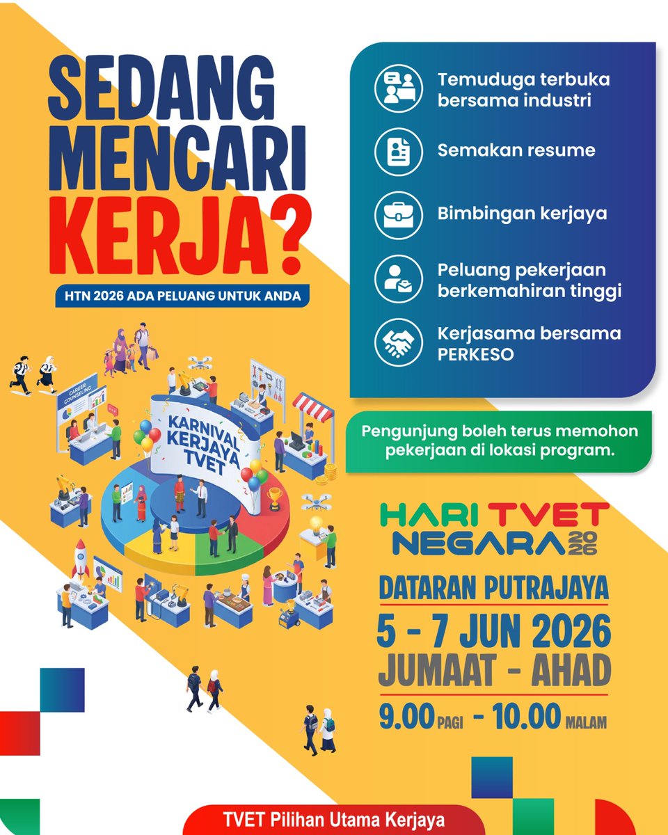 mykesuma's tweet photo. π Hari TVET Negara 2026 bermula hari ini!
π Dataran Putrajaya π
5β7 Jun 2026
Jom sertai Karnival Kerjaya TVET, temuduga terbuka, semakan resume, bimbingan kerjaya dan pelbagai peluang pekerjaan berkemahiran tinggi. Bawa resume terkini dan jumpa kami di HTN 2026! π
#HTN2026 https://t.co/HefDpWFJvj