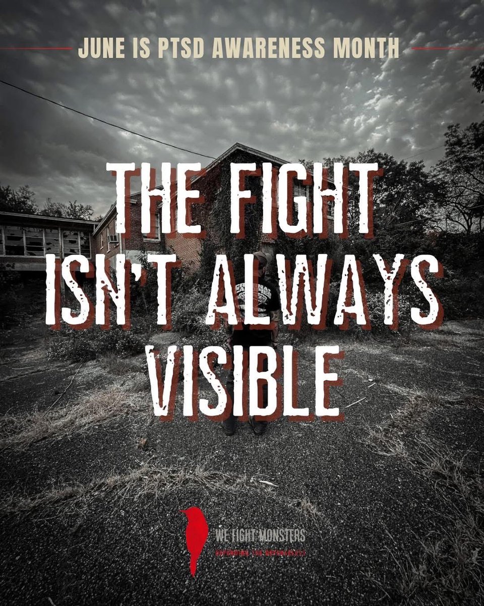 WFM_Org's tweet photo. June is PTSD Awareness Month.

When most people think of wounds, they think of something they can see.

A scar.
A bruise.
A broken bone.

But some of the deepest wounds don't leave visible marks.

PTSD can affect veterans, first responders, survivors of abuse, victims of violence, people who have experienced loss, childhood trauma, medical trauma, and countless others. It doesn't always look the way people expect it to look, and it doesn't feel the same for every person.

Sometimes it feels like anxiety.
Sometimes it feels like anger.
Sometimes it feels like numbness.
Sometimes it feels like isolation.
Sometimes it feels like simply trying to make it through another day.

This month, we want to help raise awareness, encourage understanding, and remind anyone struggling that they are not alone.

Healing isn't linear. It isn't easy. But it is possible.
If you know someone carrying a burden you can't see, check on them. Listen to them. Be patient with them.

And if you're carrying that burden yourself, know that your experiences are real, your struggles are valid, help is available, and we see you.

The fight isn't always visible-but that doesn't make it any less real.

#PTSDAwarenessMonth #WeFightMonsters  #BelieveSurvivors #CommunityHope
#MentalHealthAwareness #PTSDAwareness