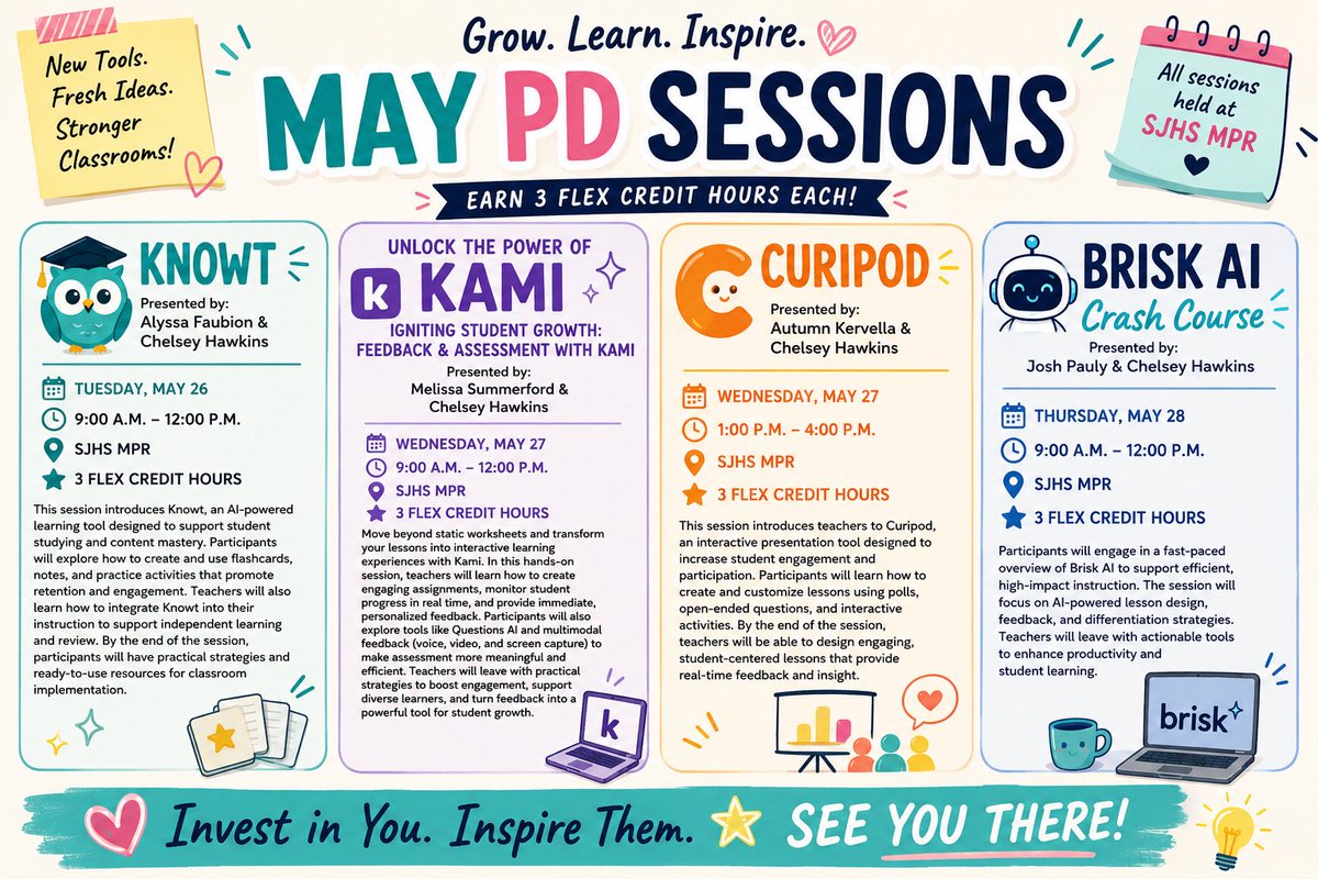 hawkins_help's tweet photo. 8️⃣ Summer PD sessions complete! ✅ Greatful and honored to do this for folks in my district. Greatful and thankful for all my Ed tech friends who co-hosted some with me! #edtech #purposefulPD #educationaltechnology @KnowtTeam @KamiApp @curipodofficial @briskteaching @CanvaEdu https://t.co/ez8X8rxBW2