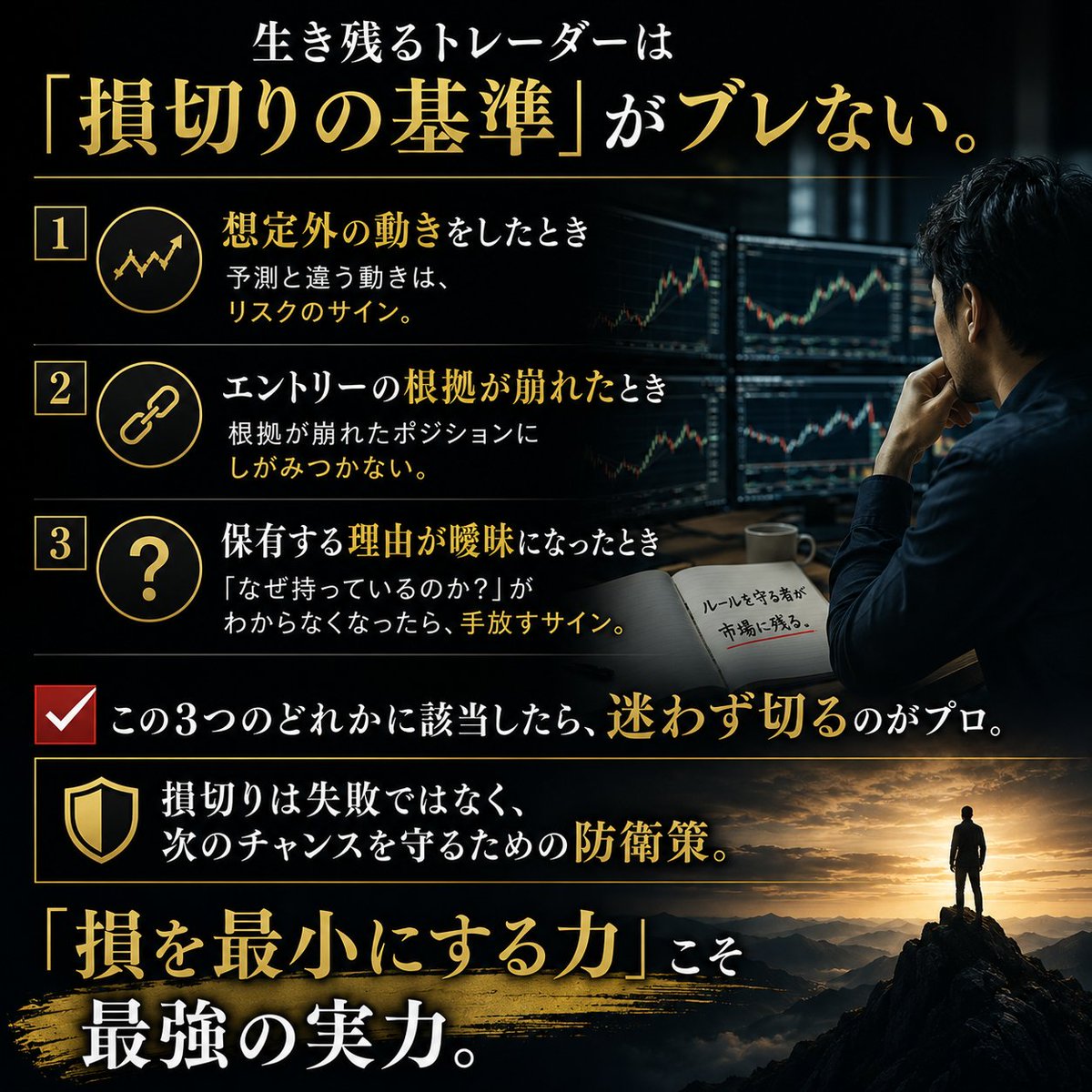KEI_WorldTrader's tweet photo. 生き残るトレーダーは「損切りの基準」がブレない。

① 想定外の動きをしたとき 
② エントリーの根拠が崩れたとき 
③ 保有する理由が曖昧になったとき

この3つのどれかに該当したら、迷わず切るのがプロ。
損切りは失敗ではなく、次のチャンスを守るための防衛策。
「損を最小にする力」こそ最強の実力。