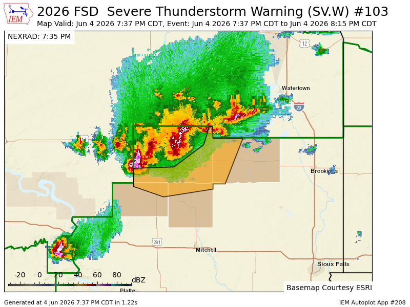 shawncable's tweet photo. FSD issues Severe Thunderstorm Warning [damage threat: CONSIDERABLE, wind: 70 MPH (RADAR INDICATED), hail: 1.00 IN (RADAR INDICATED)] for Beadle, Jerauld, Kingsbury, Sanborn [SD] till 8:15 PM CDT https://t.co/uGMgqqNiq2 https://t.co/9wkWkKQE7s