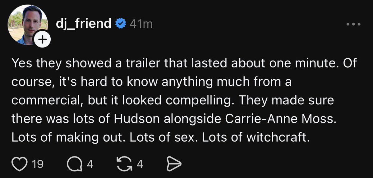 hudsonwonline's tweet photo. Audience reactions to the “Yaga” trailer featuring Hudson Williams, Carrie-Anne Moss, Noah Reid and Clark Backo at Bell Media Upfronts 2026 https://t.co/Wugd4xSSbS