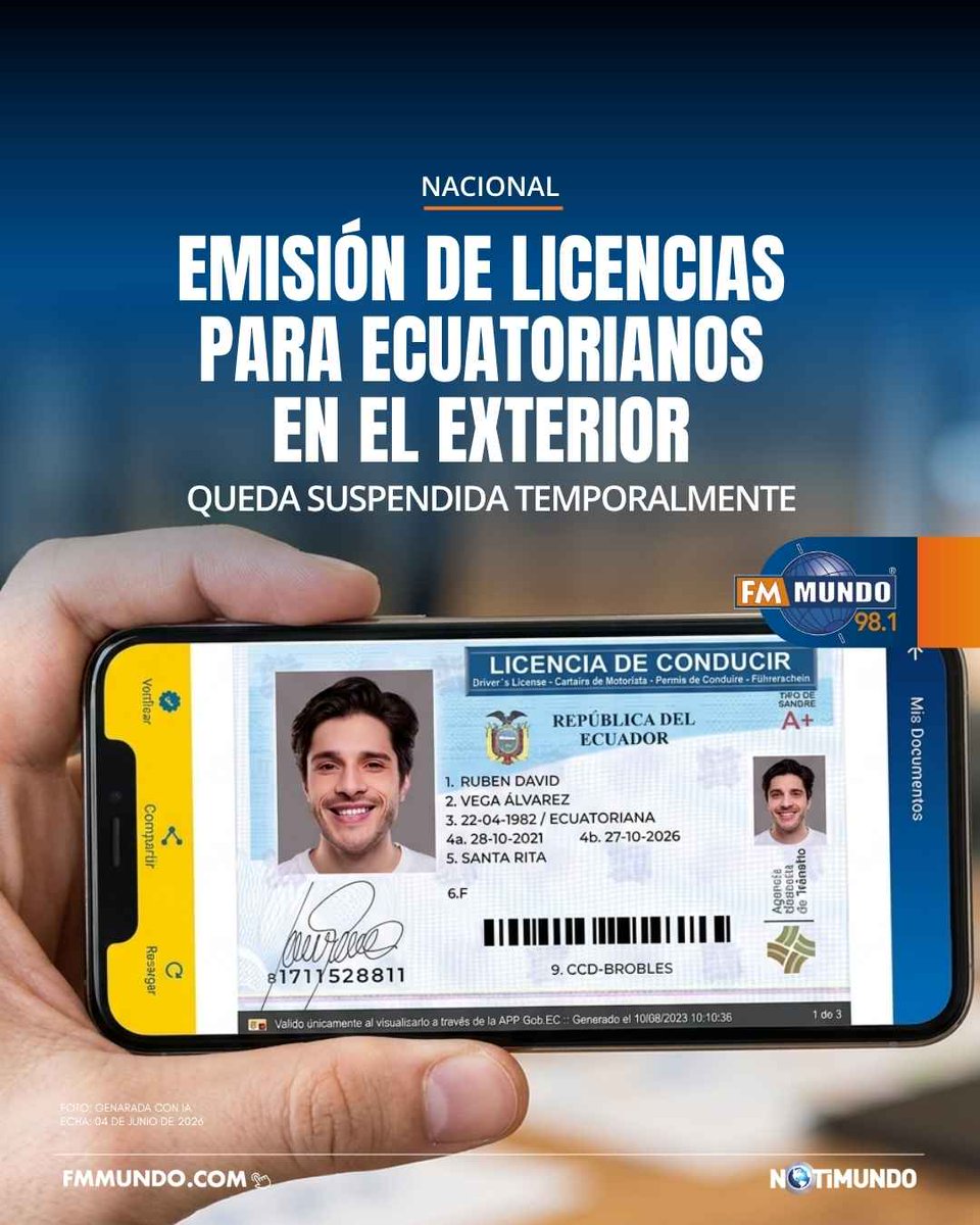 notimundoec's tweet photo. 🇪🇨#Ecuador | La Agencia Nacional de Tránsito (ANT) informó la suspensión temporal de la emisión de licencias de conducir para ciudadanos ecuatorianos residentes en el exterior.

🌐https://t.co/ZpFEYa0lWn

#Fmmundo, 100% digital📲 https://t.co/LKFJwoUgeF