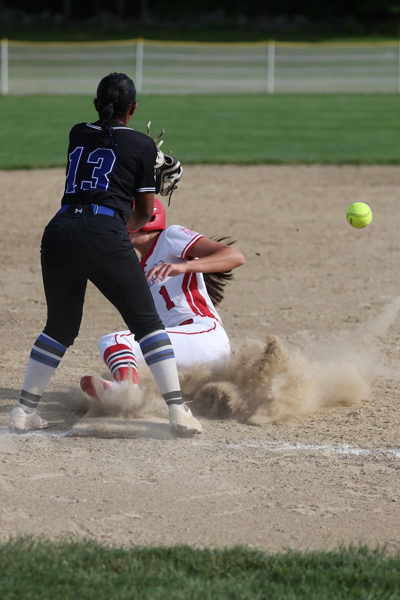 PhotogSmitty's tweet photo. Claire Roy appeared to be headed for a force out at third, but an errant throw by Methuen's Ava Nartiff kept the inning alive and Claire in the game. The costly error opened the door for the BRRHS Lady Trojans, who capitalized on the opportunity and rolled to an 11-2 victory over Methuen.

With the win, the Lady Trojans punch their ticket to the Elite 8 and continue their postseason run. Congratulations and good luck in the next round! ⚾🥎 #elite8 #oneteamonefamily

@sports_ledger @BrocktonSports @BR_Athletics_MA @FOBRA_MA @BR_softball @methuensports @GlobeSchools @BGlobeSports @TauntonToGo @BosHeraldSports @TrevorHass @ChrisMcDaniel88