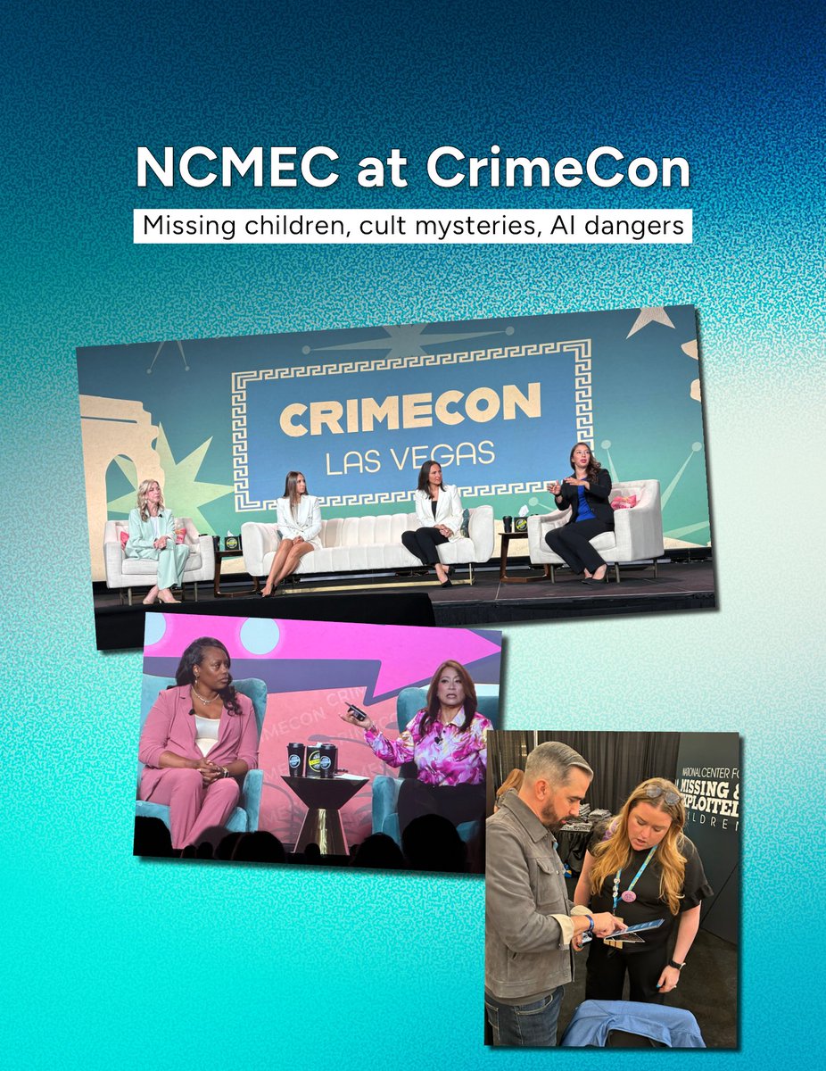 NCMEC's tweet photo. NCMEC took the stage at @CrimeCon 2026 in Las Vegas this weekend, amplifying the voices of families still searching for missing children while warning the public about a disturbing new online threat targeting kids. https://t.co/sZqJSZcd1e https://t.co/B5AVQKChJV