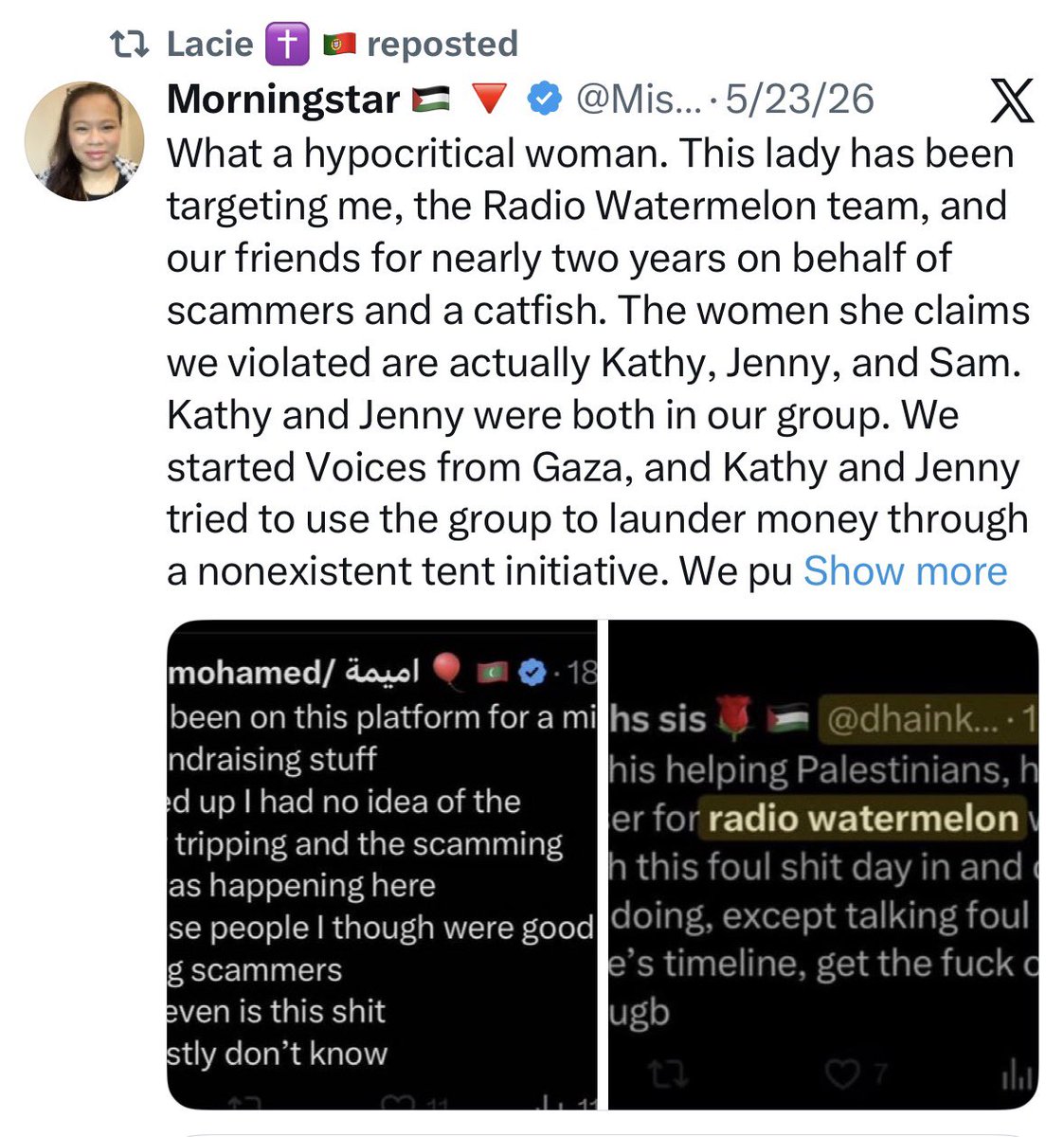rommanav's tweet photo. @MissRinaIdrus please talk about Kathy Jenny or Sam or anyone from out of a block you coward fugly cow! 

You never proved the catfish. Never proved any scam. All you love to do is hurt Palestinian campaigns.

But it was proven that Nader and Jimmy catfished multiple women. Crow https://t.co/30XWqTAhq3