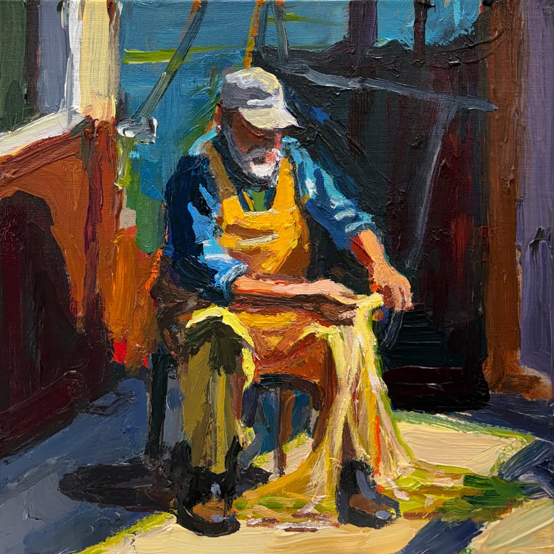 RClaremont's tweet photo. I watched a fisherman repairing nets for nearly an hour in a small harbour.

No music. No phone. No visible urgency whatsoever.

One of the more impressive things I’ve seen lately.

“The Net Mender”, 30X30cm.

#harbourwisdom #stillknowshowtofixthings https://t.co/SJzjW8Io8o
